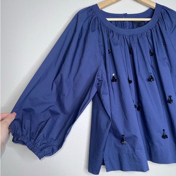 J. Crew Perfect Embellished Peasant Blouse Navy Blue/Black Size Medium A-Line - Picture 2 of 7